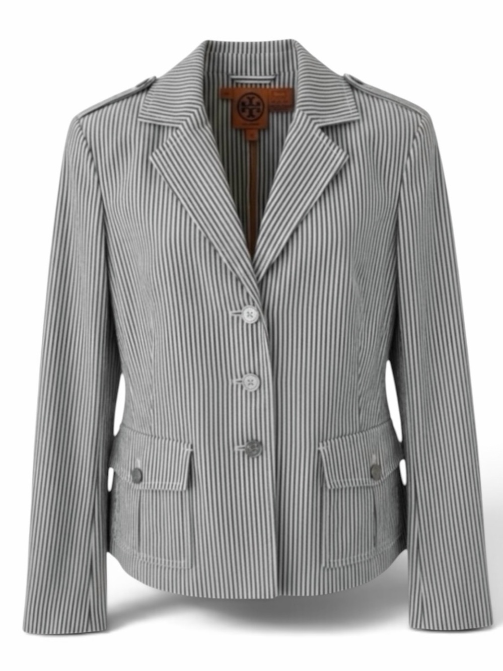 NEW Tory Burch Blue and White Stripe Seersucker Three Button Jacket Size 4